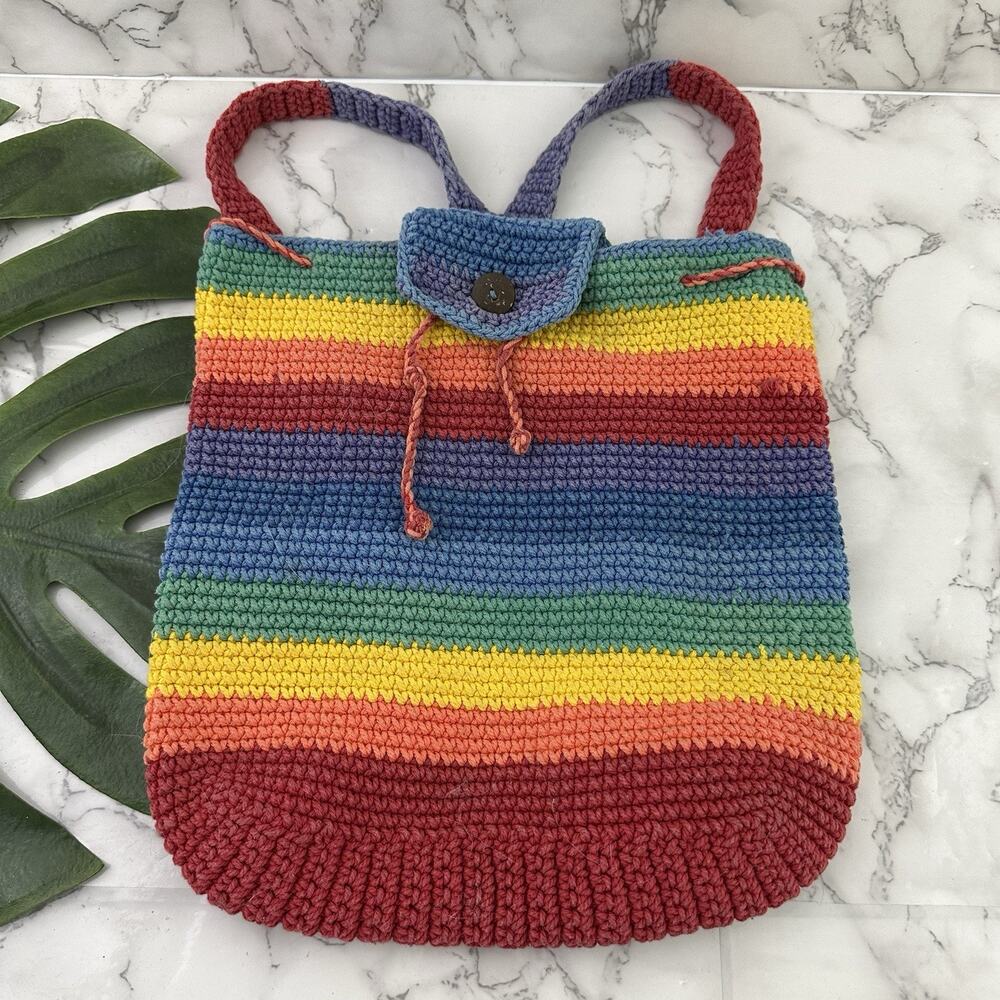 Eastwinds Trading Vintage 90s Crochet Backpack Bag Rainbow Stripe Boho Festival
